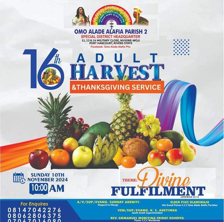 DIVINE FULFILLMENT IN PORT HARCOURT! CCC Omo Alade Alafia Parish 2 To Celebrate Harvest.