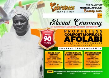 “A GENERAL HAS GONE HOME!” A/M/S/E ADJOVI INVITES ALL TO FINAL JOURNEY OF LATE PROPHETESS AFOLABI ‘FOUR CORNER’