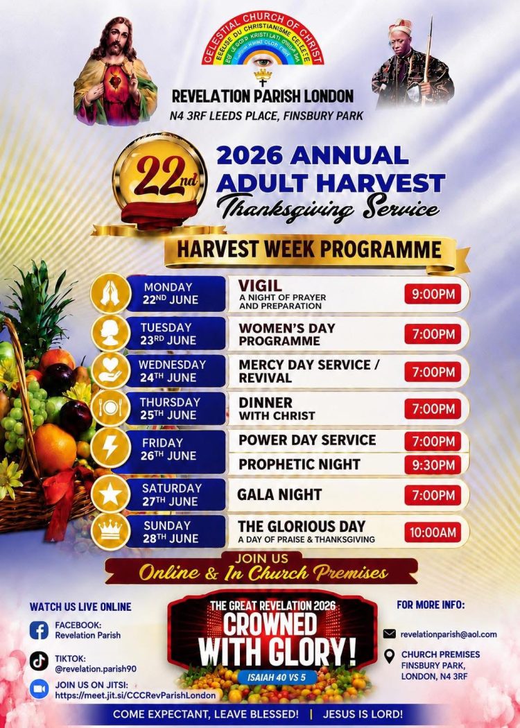 CROWNED WITH GLORY: CCC REVELATION PARISH LONDON SET FOR 22ND ADULT HARVEST THANKSGIVING