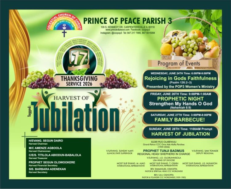 CCC PRINCE OF PEACE PARISH 3, USA MARKS 17TH ADULT HARVEST WITH PRAISE, PROPHECY AND CELEBRATION