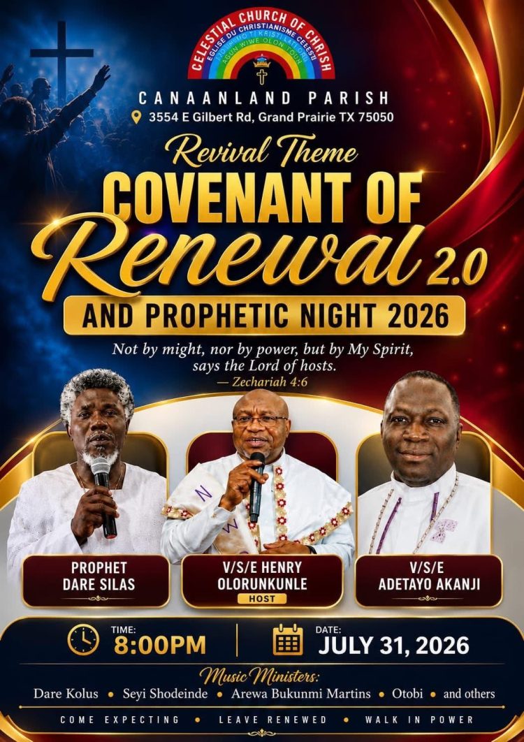 VSE OLORUNKUNLE INVITES EVERYONE TO NIGHT OF PROPHETIC RENEWAL AT CCC CANAANLAND PARISH, TEXAS, USA