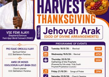 VSE FEMI AJAYI LEADS CCC BETHLEHEM PARISH 2, BENIN CITY INTO MAIDEN ADULT HARVEST THANKSGIVING, CELEBRATES “JEHOVAH ARAK”