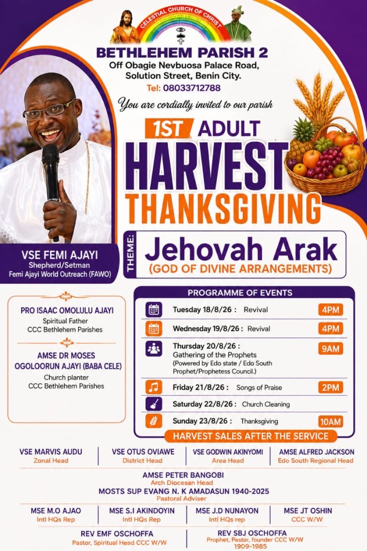 VSE FEMI AJAYI LEADS CCC BETHLEHEM PARISH 2, BENIN CITY INTO MAIDEN ADULT HARVEST THANKSGIVING, CELEBRATES “JEHOVAH ARAK”