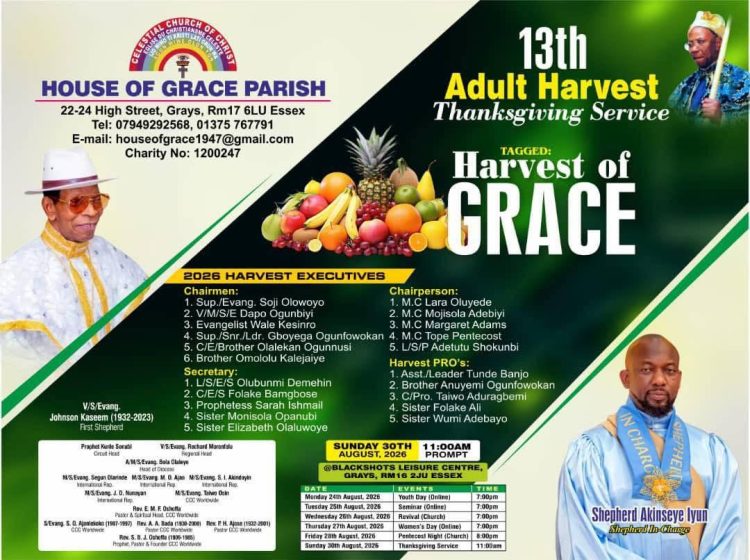 GOD’S GRACE HAS BROUGHT US THIS FAR’- V/S/E AKINSEYE IYUN AS CCC HOUSE OF GRACE PARISH, LONDON MARKS 13TH ADULT HARVEST