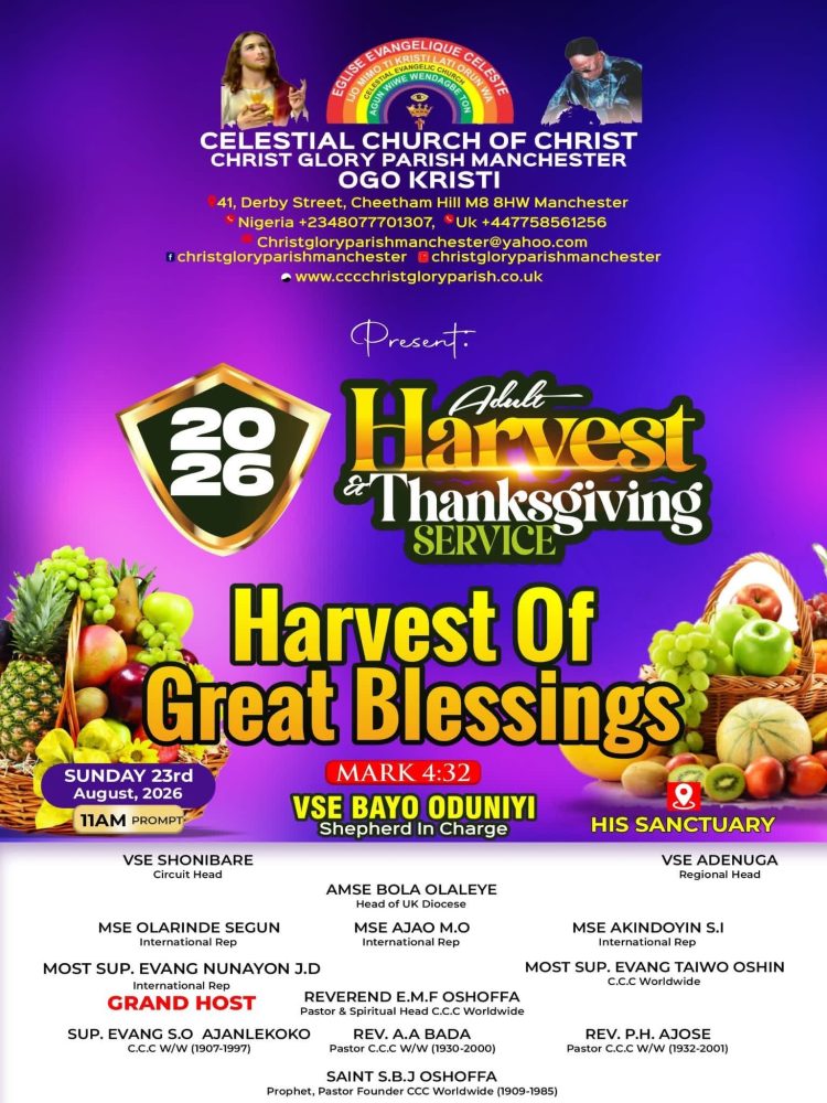 GREAT BLESSINGS AWAIT AS VSE BAYO ODUNIYI LEADS CCC CHRIST GLORY PARISH MANCHESTER’S 2026 HARVEST