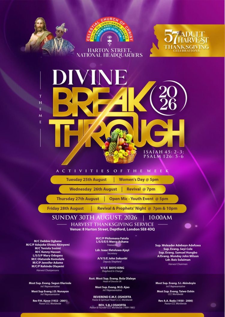 ISAIAH 45:2–3 COMES ALIVE: CCC HARTON STREET, H/Q LONDON TO HOST “DIVINE BREAKTHROUGH 2026” HARVEST