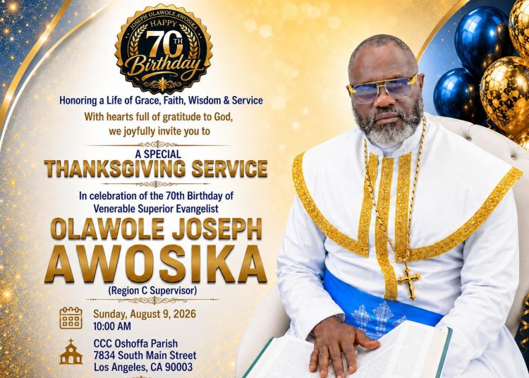 USA DIOCESE REGION C REGIONAL, VSE OLAWOLE JOSEPH AWOSIKA, SET TO CELEBRATE 70TH BIRTHDAY WITH THANKSGIVING SERVICE