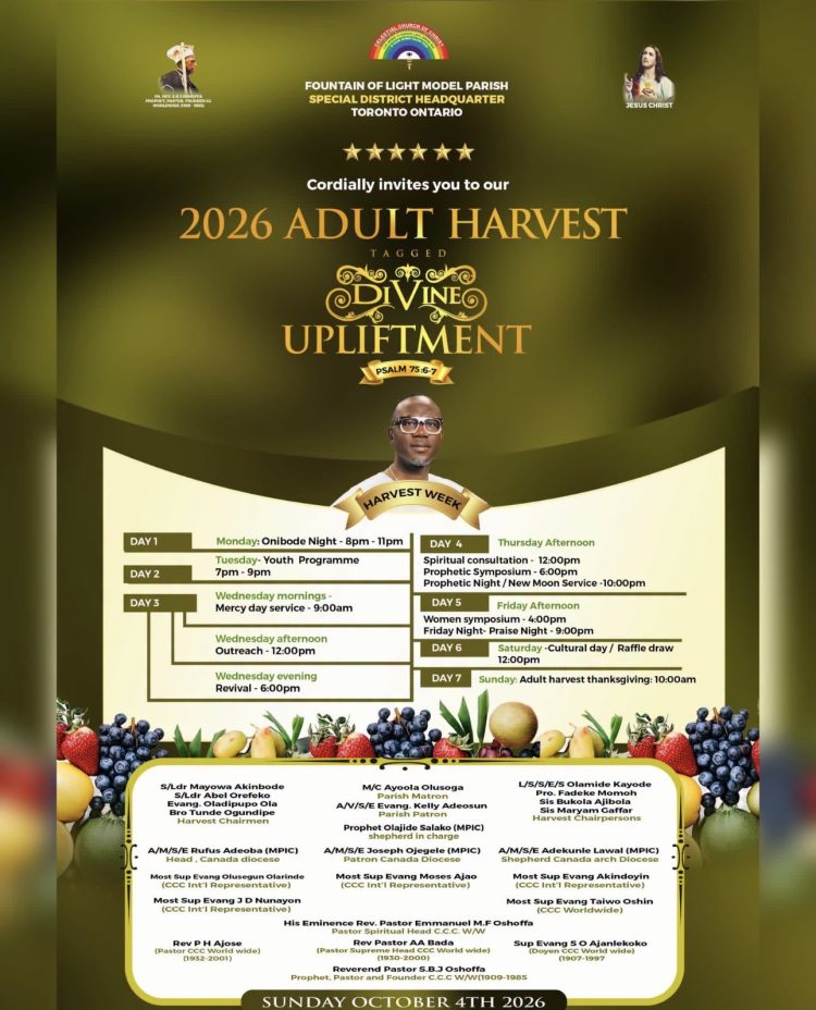 PROPHET OLAJIDE SALAKO OF CCC FOUNTAIN OF LIGHT MODEL PARISH TORONTO CANADA, SET TO HOST 2026 ADULT HARVEST