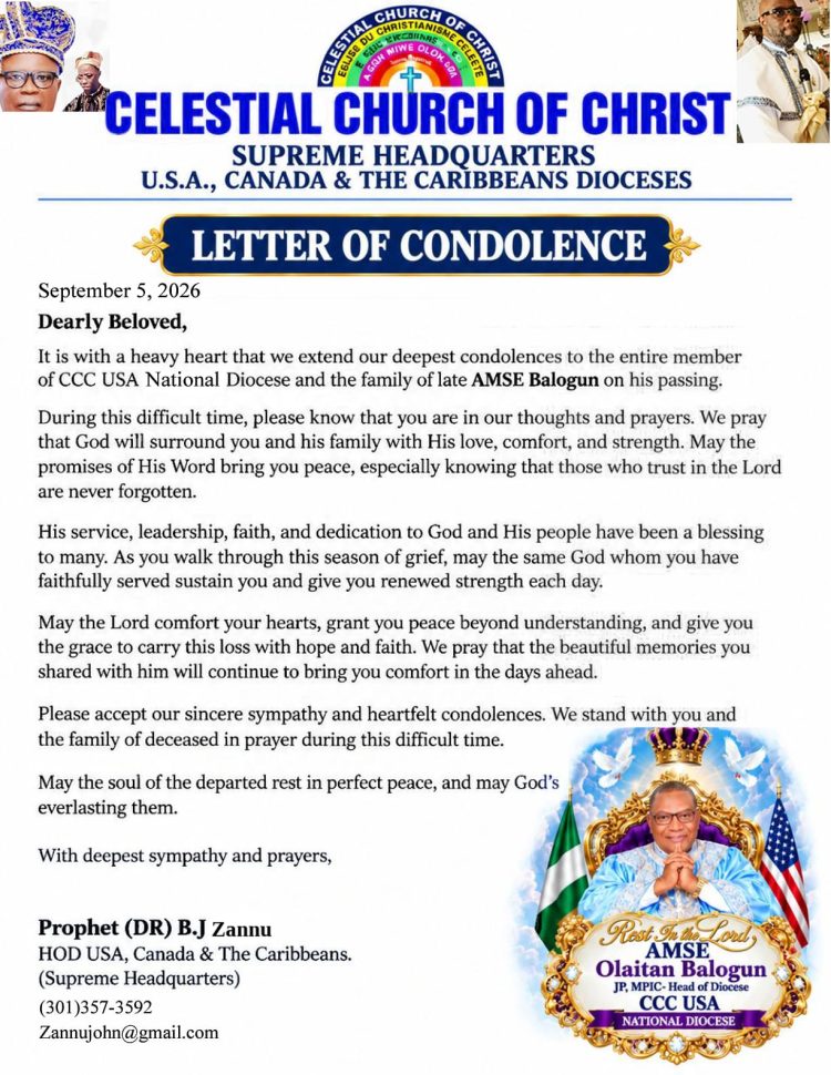 SUPREME HEADQUARTERS, BENIN REPUBLIC SYMPATHISES WITH LATE AMSE BALOGUN AND USA NATIONAL DIOCESE