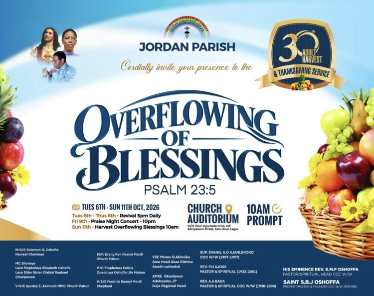 CCC JORDAN PARISH, IKOSI KETU, LAGOS STATE MARKS 30 YEARS OF ADULT HARVEST WITH “OVERFLOWING OF BLESSINGS”