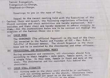 HISTORICAL DOCUMENT: LATE PASTOR A.A. BADA’S 1988 CIRCULAR ON CCC CHOIR REGULATIONS, HYMN RENDITION AND WORSHIP ETIQUETTE