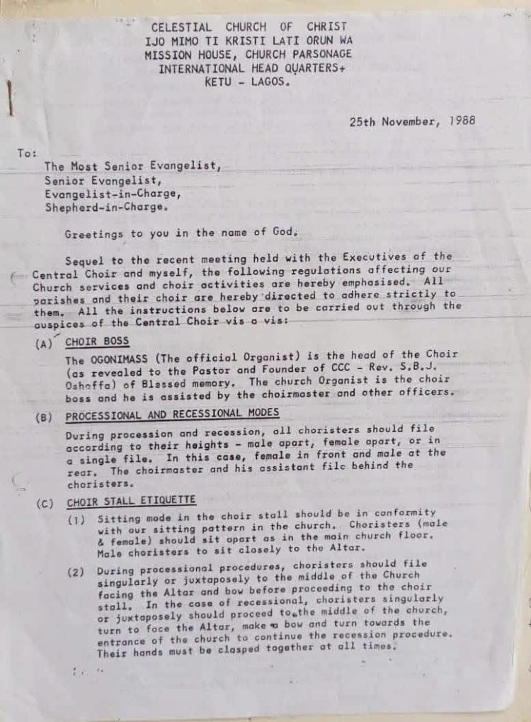 HISTORICAL DOCUMENT: LATE PASTOR A.A. BADA’S 1988 CIRCULAR ON CCC CHOIR REGULATIONS, HYMN RENDITION AND WORSHIP ETIQUETTE