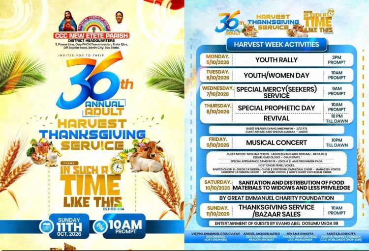 “IN SUCH A TIME LIKE THIS”: CCC NEW ETETE PARISH, BENIN CITY SET FOR 36TH ANNUAL ADULT HARVEST